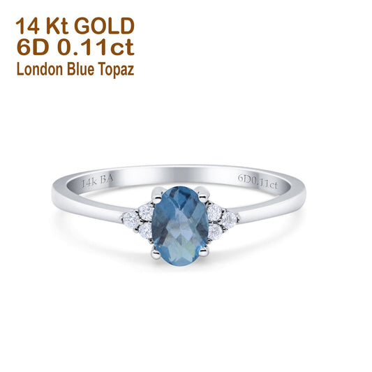 14K White Gold 0.87ct Art Deco Oval 7mmx5mm G SI London Blue Topaz Diamond Engagement Wedding Ring Size 6.5