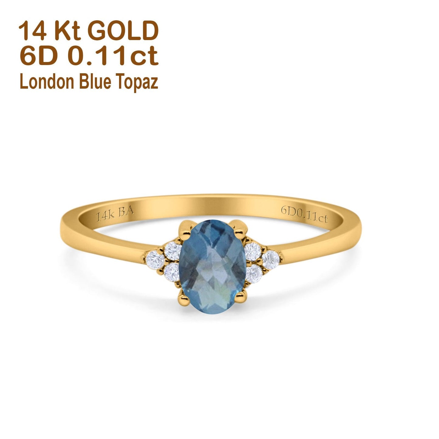 14K Yellow Gold 0.87ct Art Deco Oval 7mmx5mm G SI London Blue Topaz Diamond Engagement Wedding Ring Size 6.5