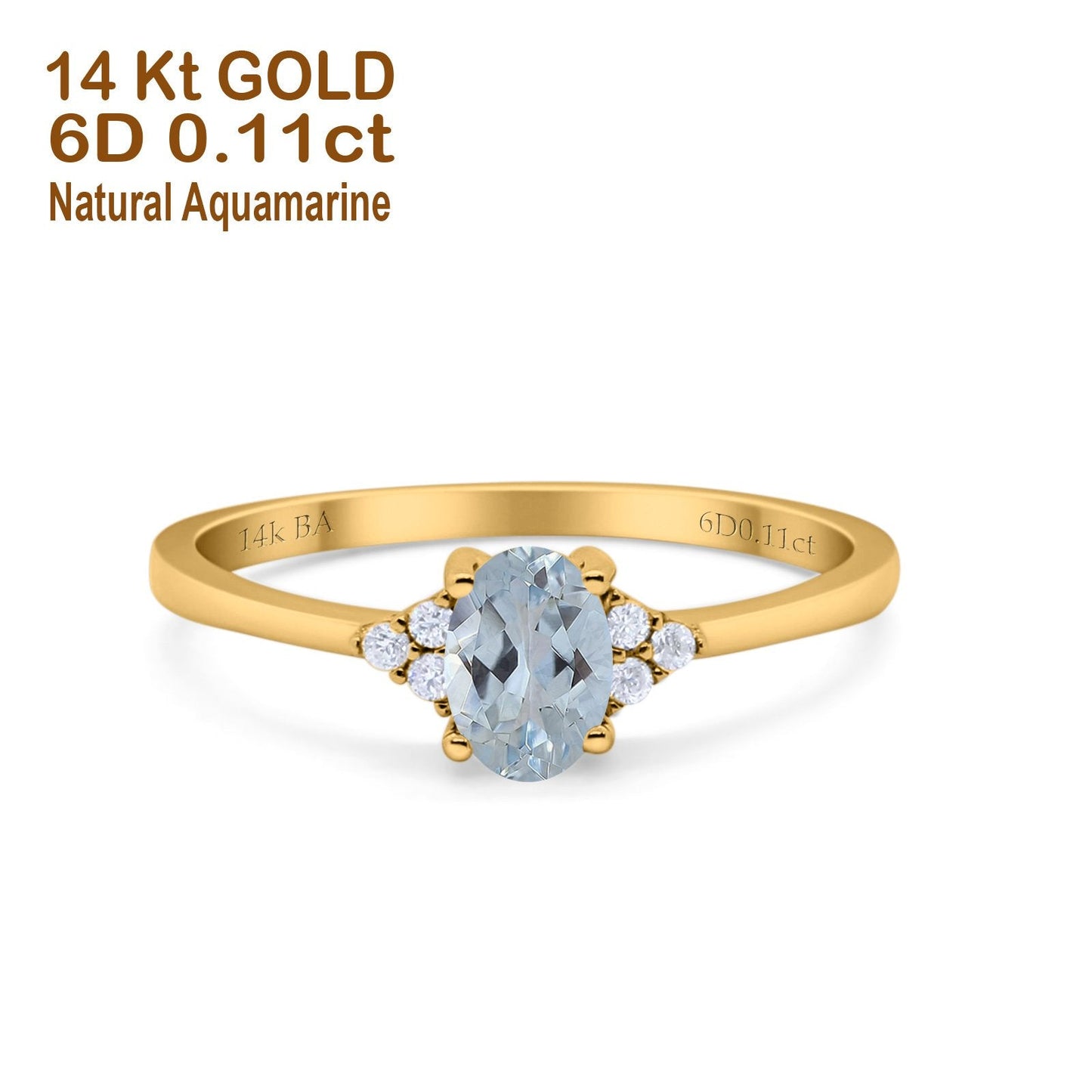 14K Yellow Gold 0.87ct Art Deco Oval 7mmx5mm G SI Natural Aquamarine Diamond Engagement Wedding Ring Size 6.5