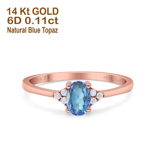 14K Rose Gold 0.87ct Art Deco Oval 7mmx5mm G SI Natural Blue Topaz Diamond Engagement Wedding Ring Size 6.5