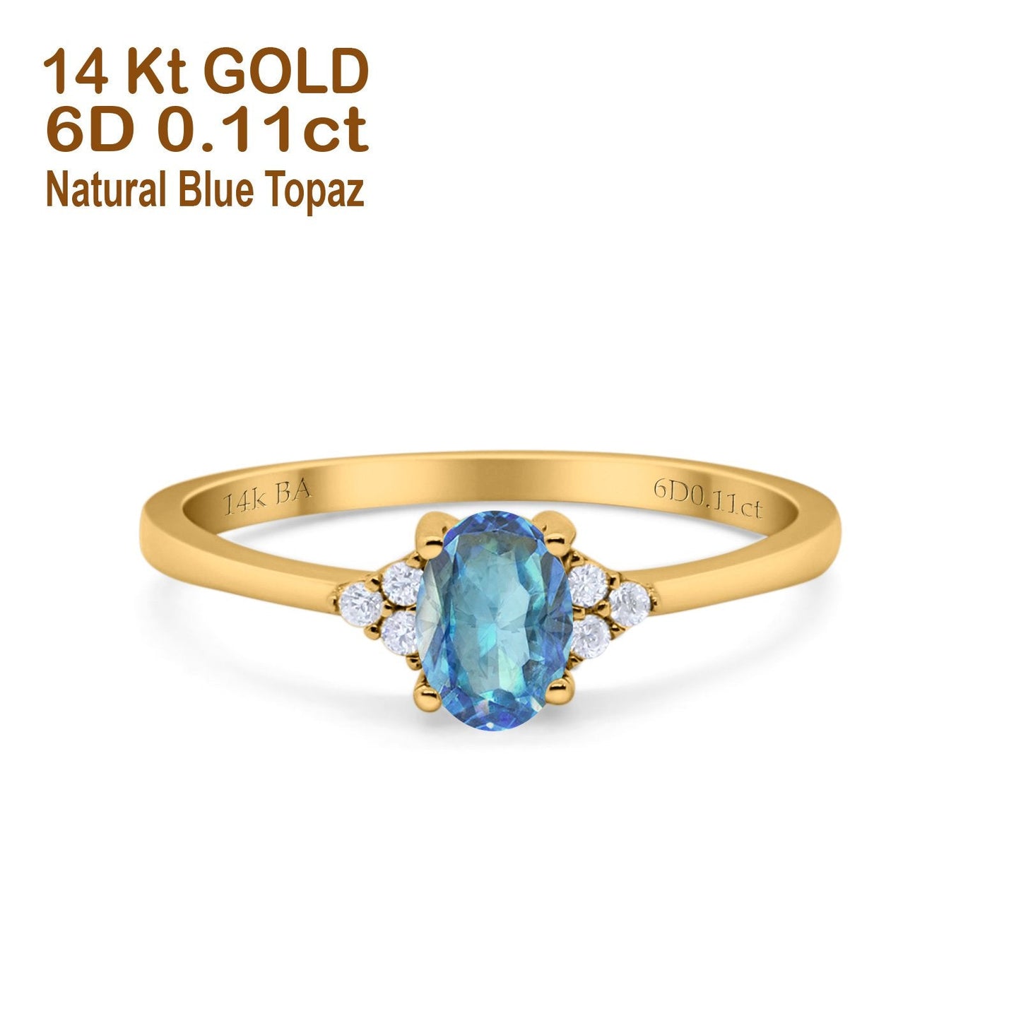 14K Yellow Gold 0.87ct Art Deco Oval 7mmx5mm G SI Natural Blue Topaz Diamond Engagement Wedding Ring Size 6.5