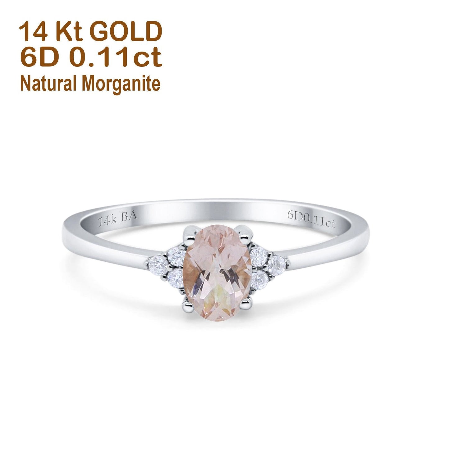 14K White Gold 0.87ct Art Deco Oval 7mmx5mm G SI Natural Morganite Diamond Engagement Wedding Ring Size 6.5