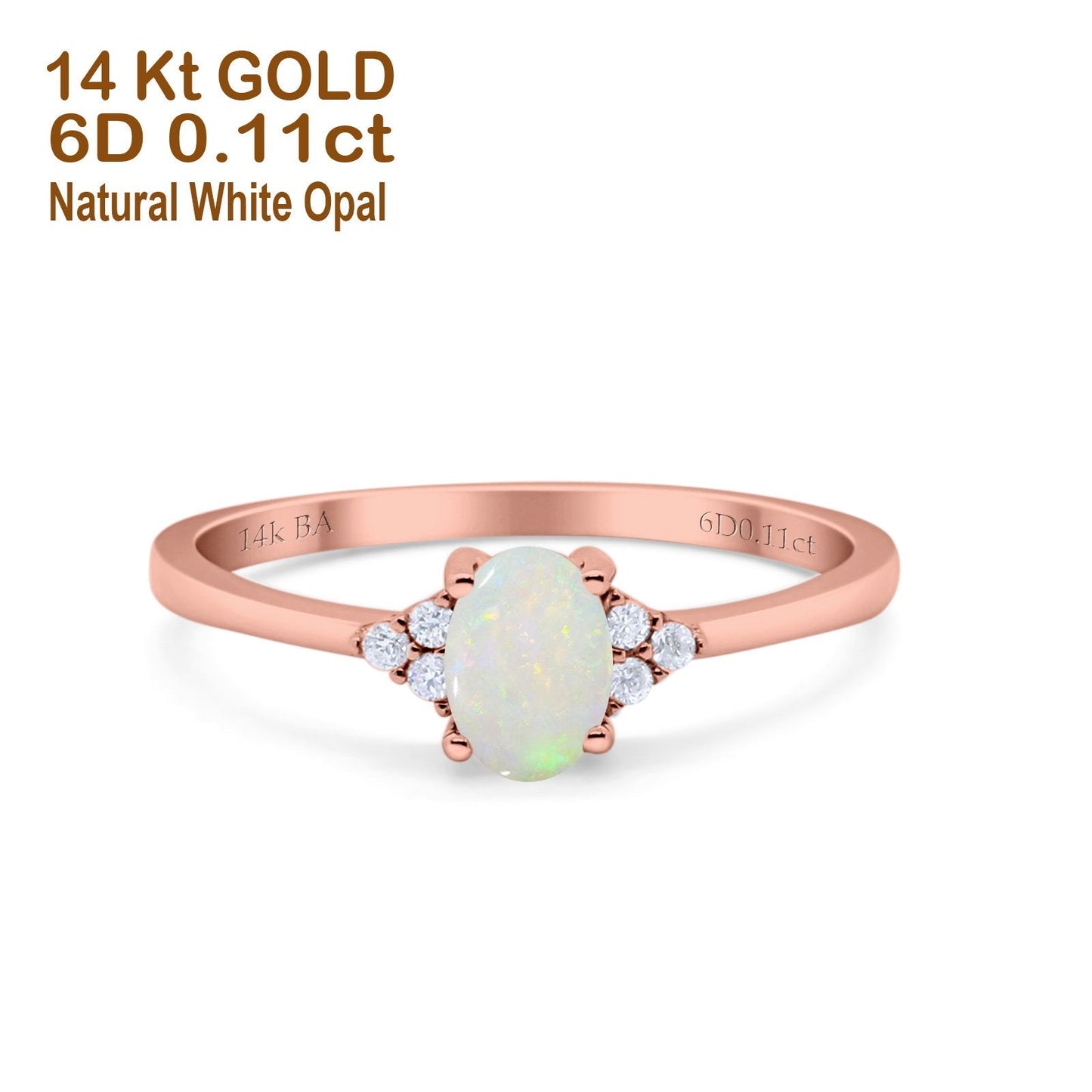 14K Rose Gold 0.11ct Art Deco Oval 7mmx5mm G SI Natural White Opal Diamond Engagement Wedding Ring Size 6.5