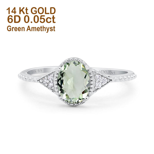 14K White Gold 1.26ct Oval Art Deco 8mmx6mm G SI Natural Green Amethyst Diamond Engagement Wedding Ring Size 6.5