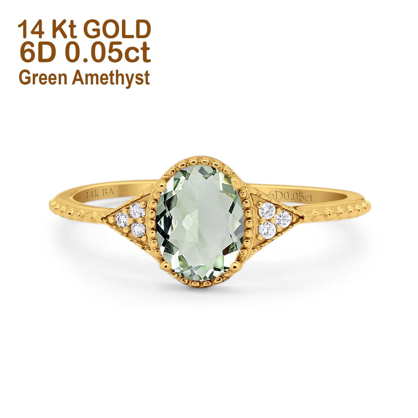 14K Yellow Gold 1.26ct Oval Art Deco 8mmx6mm G SI Natural Green Amethyst Diamond Engagement Wedding Ring Size 6.5