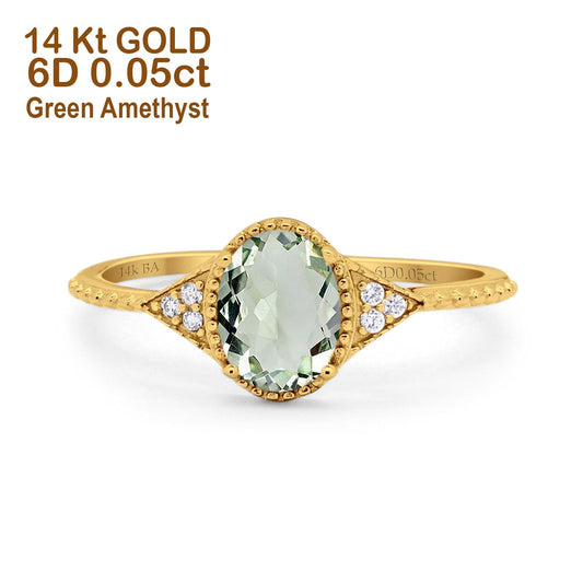 14K Yellow Gold 1.26ct Oval Art Deco 8mmx6mm G SI Natural Green Amethyst Diamond Engagement Wedding Ring Size 6.5