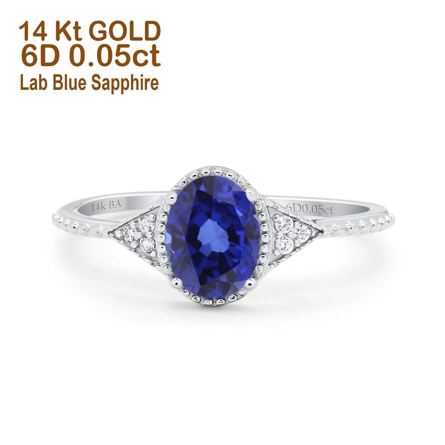 14K White Gold 1.26ct Oval Art Deco 8mmx6mm G SI Lab Blue Sapphire Diamond Engagement Wedding Ring Size 6.5