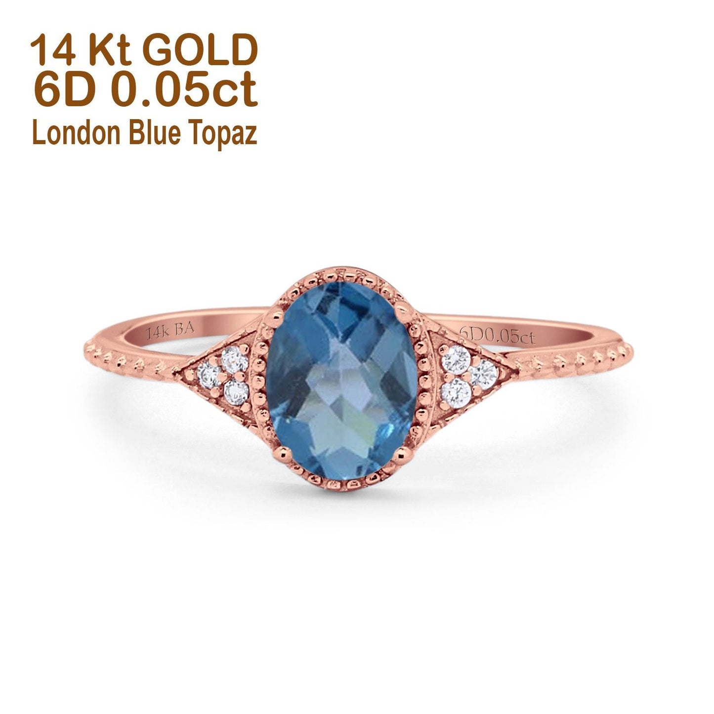 Bague de fiançailles en or rose 14 carats 1,26 ct Art déco ovale 8 mm x 6 mm G SI avec topaze bleue de Londres et diamant, taille 6,5