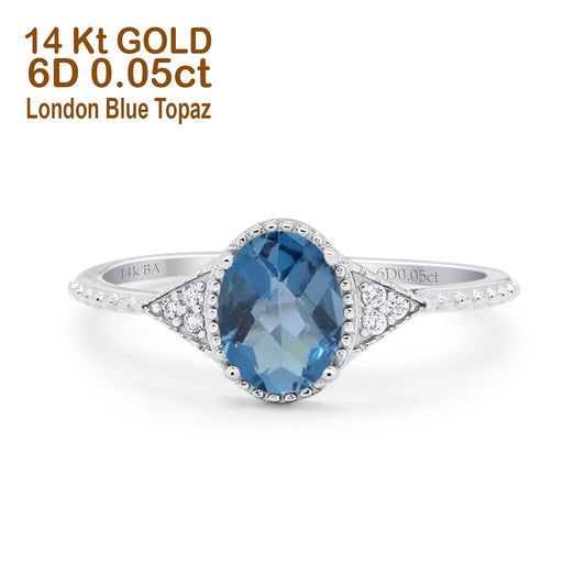 14K White Gold 1.26ct Oval Art Deco 8mmx6mm G SI London Blue Topaz Diamond Engagement Wedding Ring Size 6.5