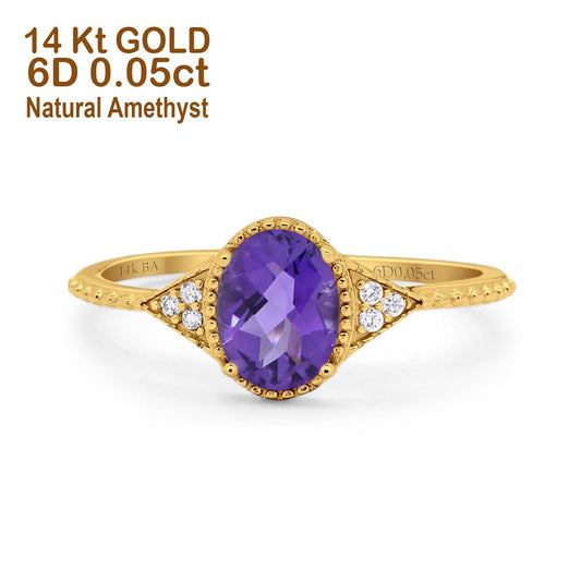 14K Yellow Gold 1.26ct Oval Art Deco 8mmx6mm G SI Natural Amethyst Diamond Engagement Wedding Ring Size 6.5