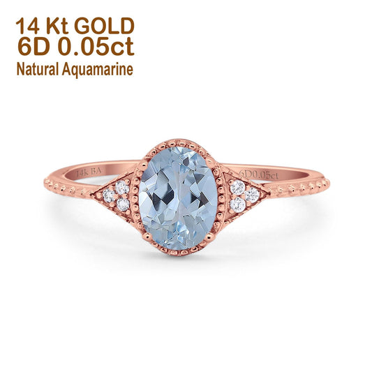 14K Rose Gold 1.26ct Oval Art Deco 8mmx6mm G SI Natural Aquamarine Diamond Engagement Wedding Ring Size 6.5