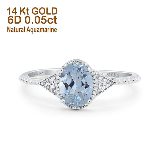 14K White Gold 1.26ct Oval Art Deco 8mmx6mm G SI Natural Aquamarine Diamond Engagement Wedding Ring Size 6.5