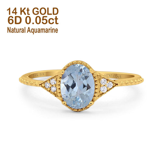 14K Yellow Gold 1.26ct Oval Art Deco 8mmx6mm G SI Natural Aquamarine Diamond Engagement Wedding Ring Size 6.5