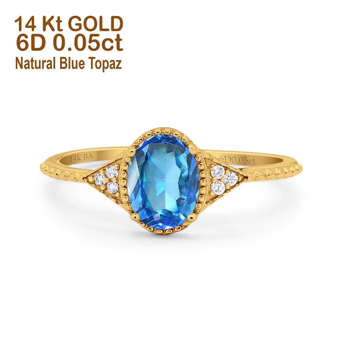 14K Yellow Gold 1.26ct Oval Art Deco 8mmx6mm G SI Natural Blue Topaz Diamond Engagement Wedding Ring Size 6.5