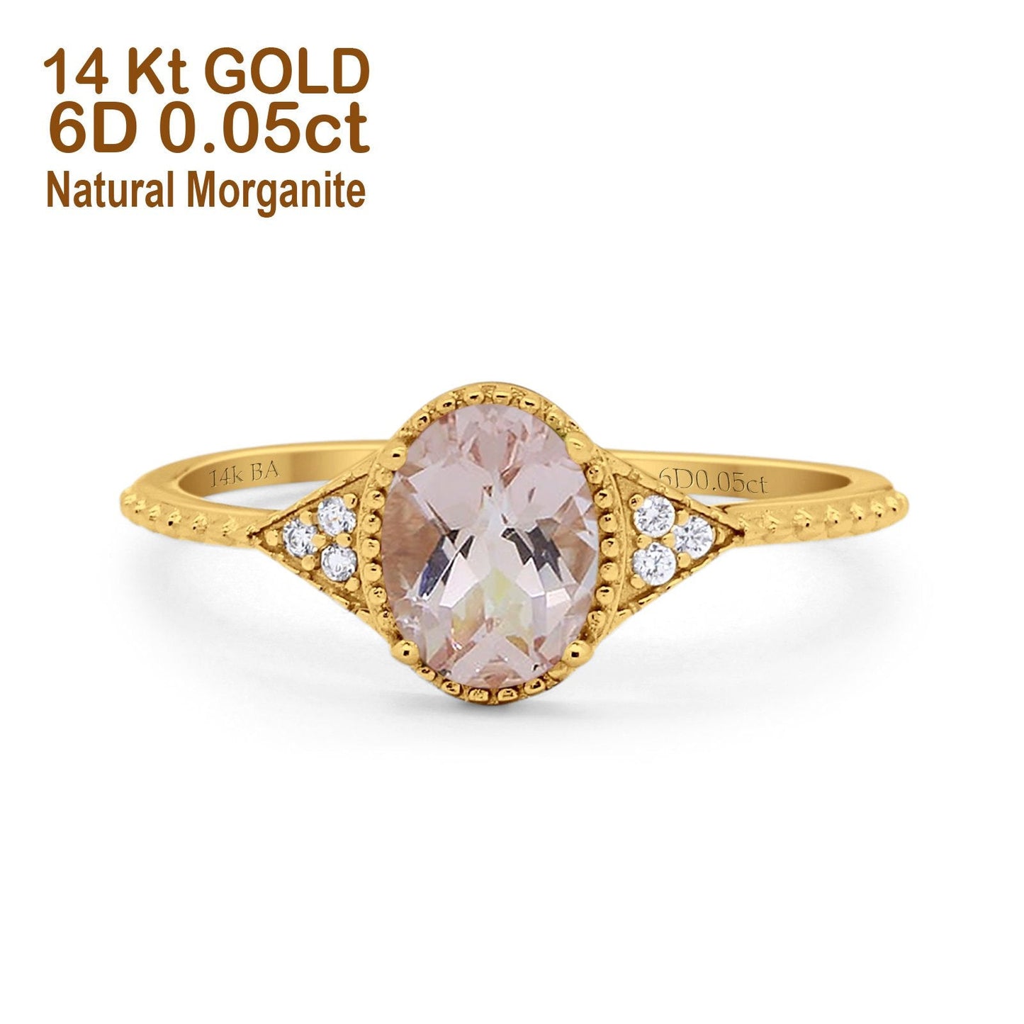 14K Yellow Gold 1.26ct Oval Art Deco 8mmx6mm G SI Natural Morganite Diamond Engagement Wedding Ring Size 6.5