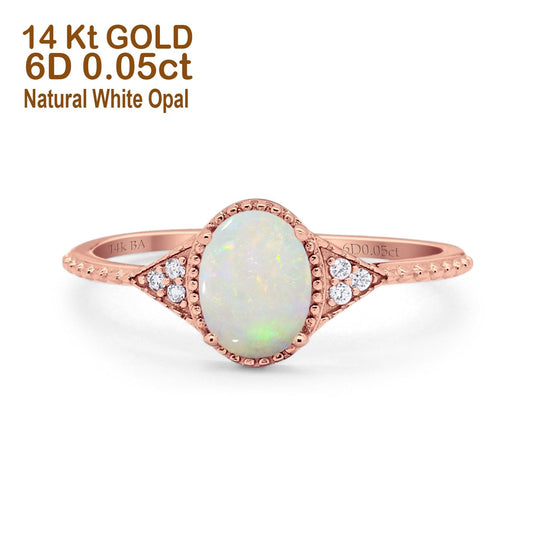 14K Rose Gold 1.26ct Oval Art Deco 8mmx6mm G SI Natural White Opal Diamond Engagement Wedding Ring Size 6.5