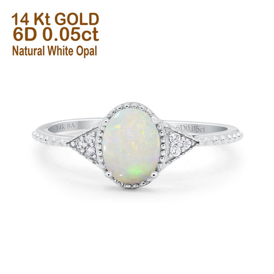 14K White Gold 1.26ct Oval Art Deco 8mmx6mm G SI Natural White Opal Diamond Engagement Wedding Ring Size 6.5