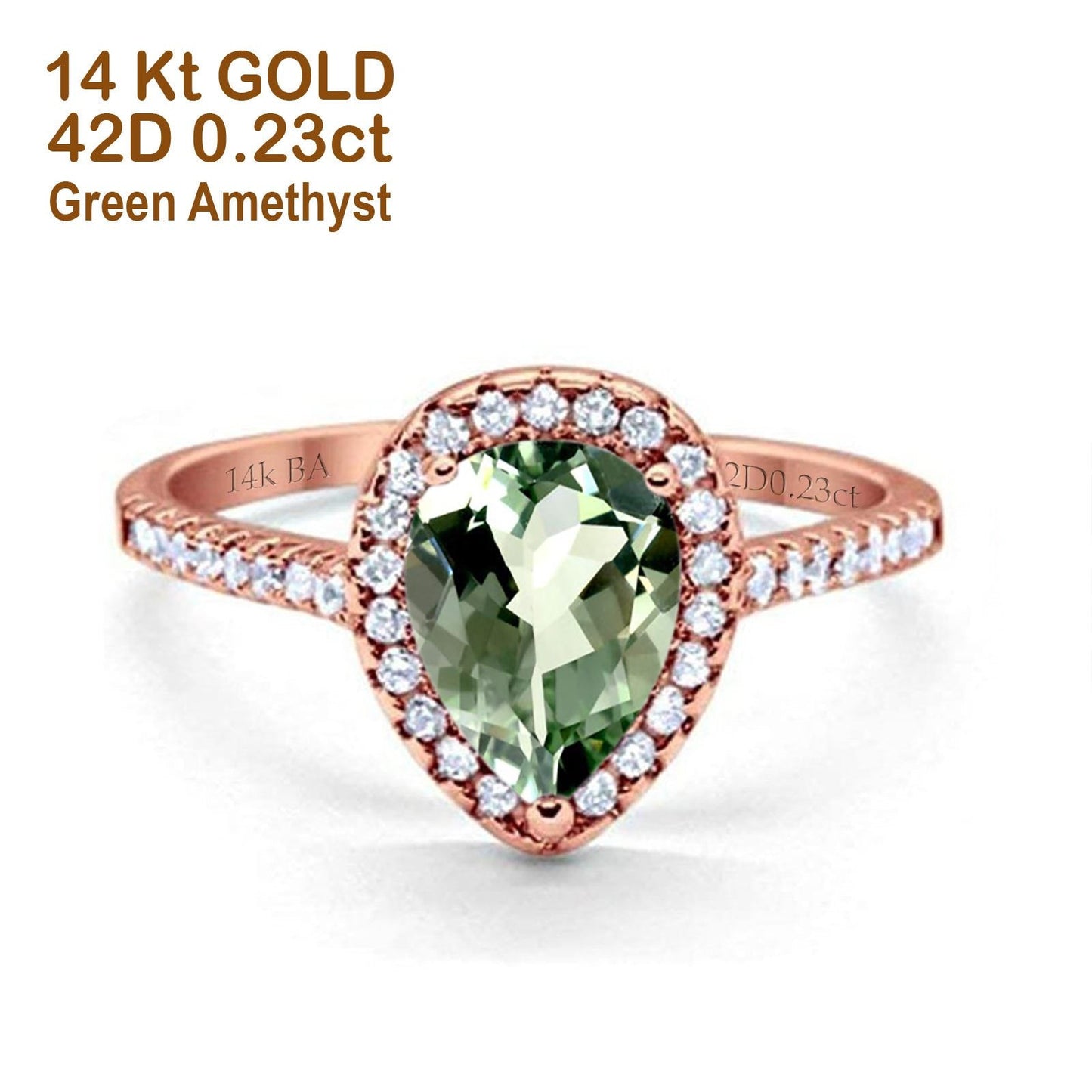 14K Rose Gold 1.48ct Teardrop Pear 8mmx6mm G SI Natural Green Amethyst Diamond Engagement Wedding Ring Size 6.5