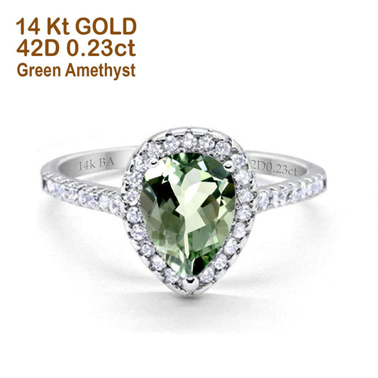 14K White Gold 1.48ct Teardrop Pear 8mmx6mm G SI Natural Green Amethyst Diamond Engagement Wedding Ring Size 6.5