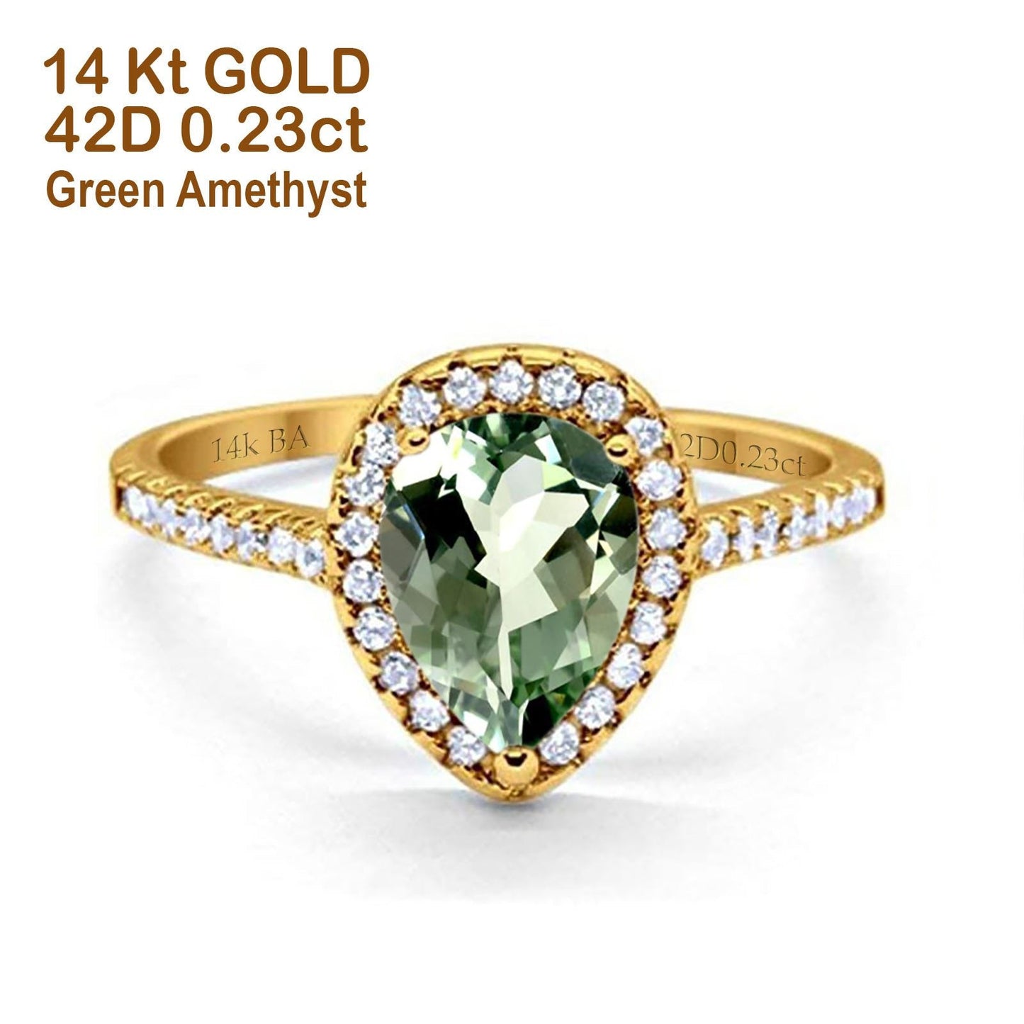 14K Yellow Gold 1.48ct Teardrop Pear 8mmx6mm G SI Natural Green Amethyst Diamond Engagement Wedding Ring Size 6.5