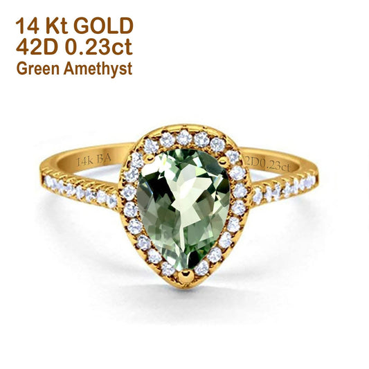 14K Yellow Gold 1.48ct Teardrop Pear 8mmx6mm G SI Natural Green Amethyst Diamond Engagement Wedding Ring Size 6.5