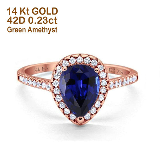 14K Rose Gold 1.48ct Teardrop Pear 8mmx6mm G SI Lab Blue Sapphire Diamond Engagement Wedding Ring Size 6.5