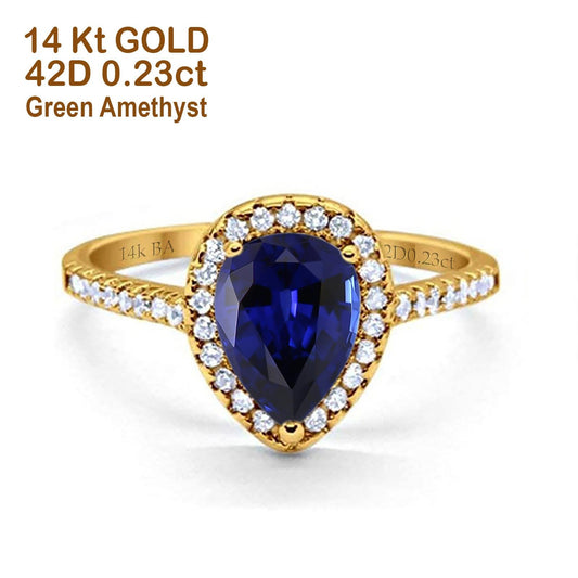 14K Yellow Gold 1.48ct Teardrop Pear 8mmx6mm G SI Lab Blue Sapphire Diamond Engagement Wedding Ring Size 6.5