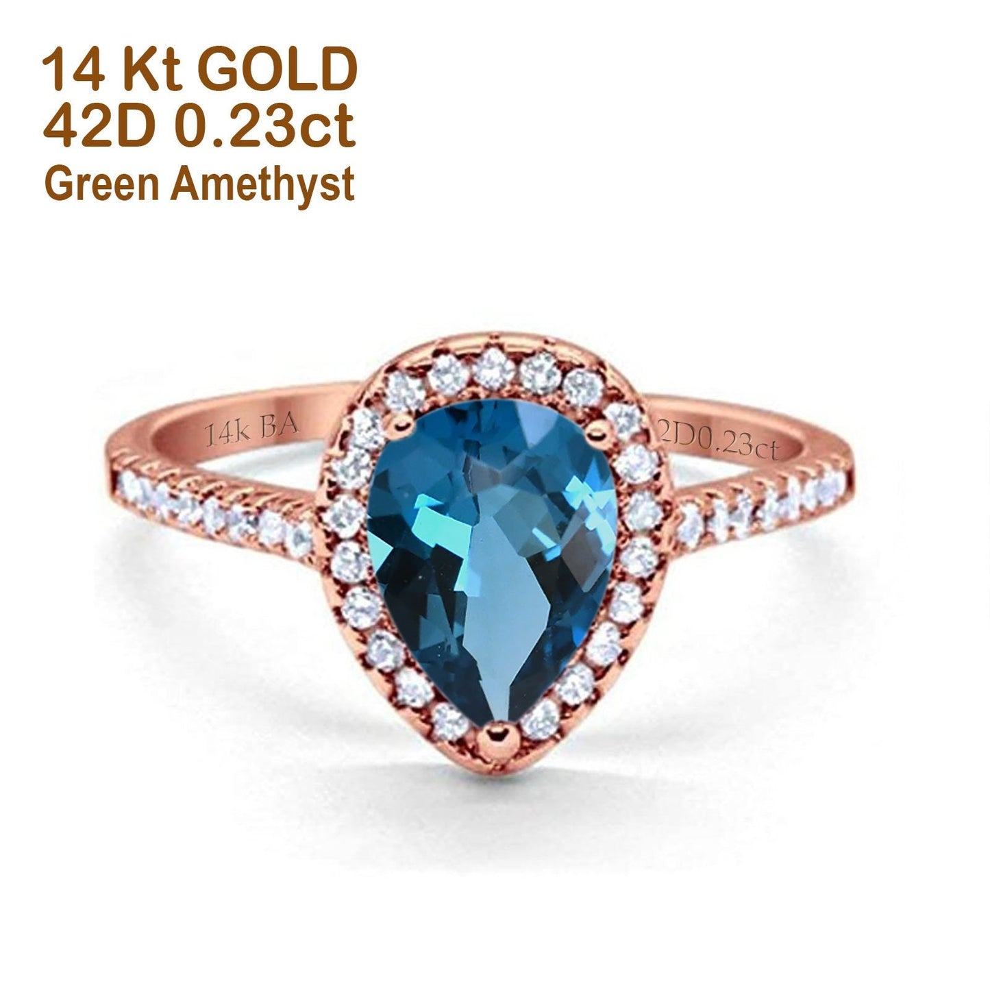 14K Rose Gold 1.48ct Teardrop Pear 8mmx6mm G SI London Blue Topaz Diamond Engagement Wedding Ring Size 6.5