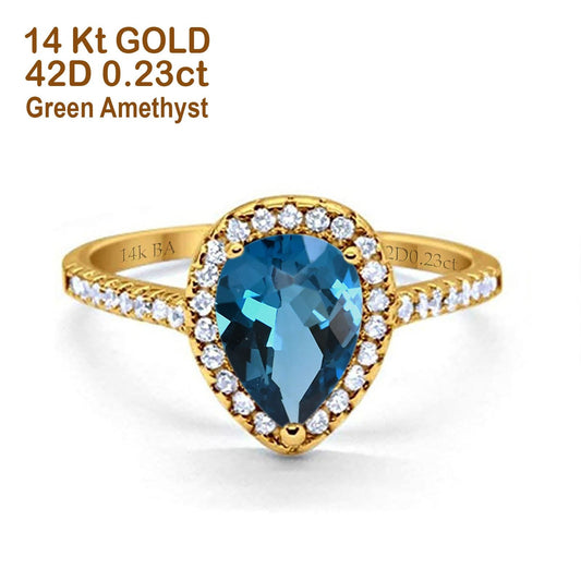 14K Yellow Gold 1.48ct Teardrop Pear 8mmx6mm G SI London Blue Topaz Diamond Engagement Wedding Ring Size 6.5