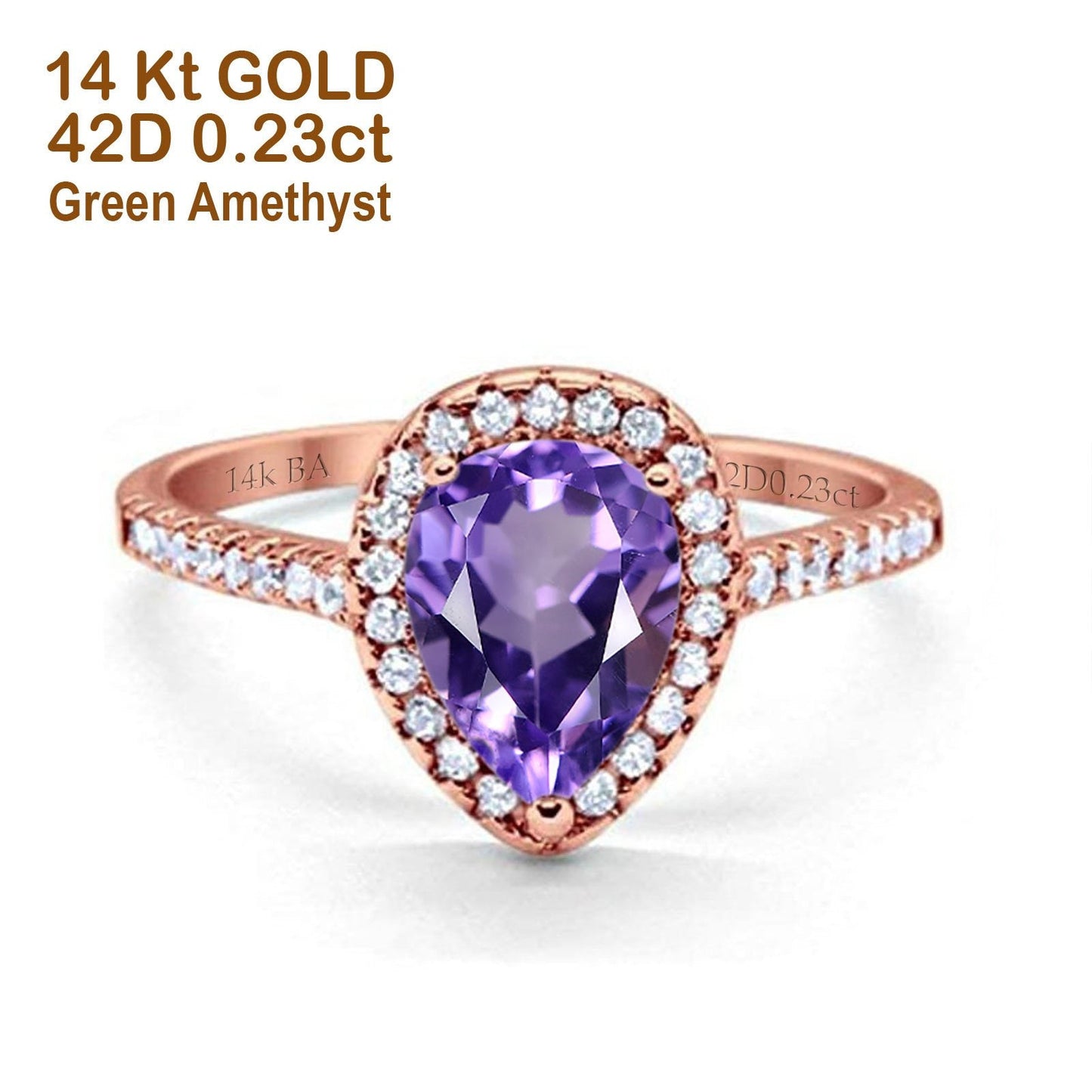 14K Rose Gold 1.48ct Teardrop Pear 8mmx6mm G SI Natural Amethyst Diamond Engagement Wedding Ring Size 6.5