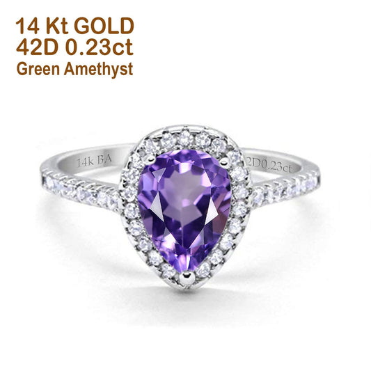 14K White Gold 1.48ct Teardrop Pear 8mmx6mm G SI Natural Amethyst Diamond Engagement Wedding Ring Size 6.5