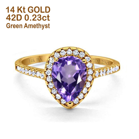 14K Yellow Gold 1.48ct Teardrop Pear 8mmx6mm G SI Natural Amethyst Diamond Engagement Wedding Ring Size 6.5