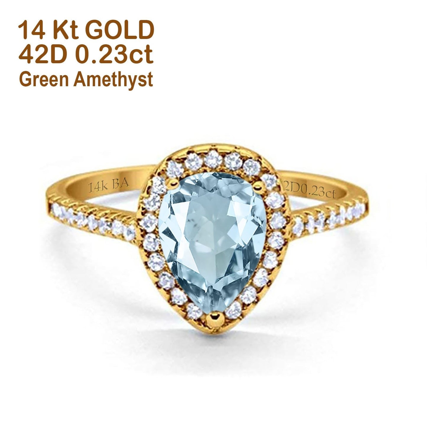 14K Yellow Gold 1.48ct Teardrop Pear 8mmx6mm G SI Natural Aquamarine Diamond Engagement Wedding Ring Size 6.5