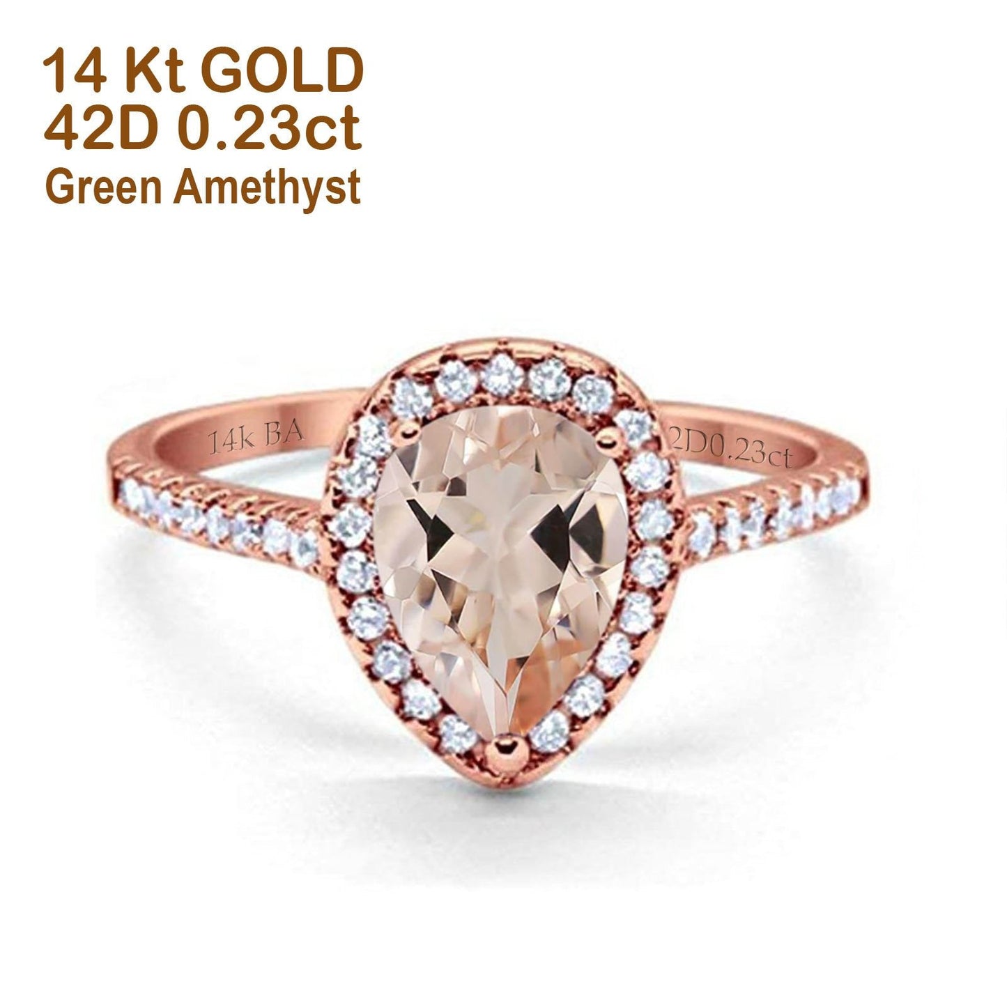 Bague de fiançailles en or rose 14 carats, 1,48 ct, forme poire, 8 mm x 6 mm, diamant morganite naturel G SI, taille 6,5