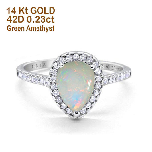 14K White Gold 0.23ct Teardrop Pear 8mmx6mm G SI Natural White Opal Diamond Engagement Wedding Ring Size 6.5