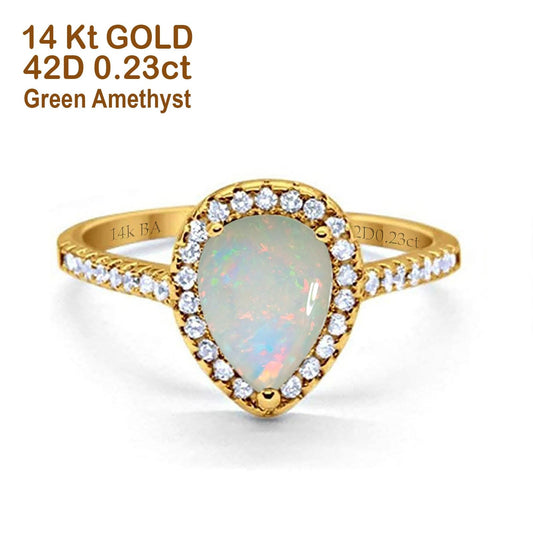 14K Yellow Gold 0.23ct Teardrop Pear 8mmx6mm G SI Natural White Opal Diamond Engagement Wedding Ring Size 6.5