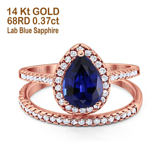 14K Rose Gold 1.62ct Pear 8mmx6mm G SI Nano Blue Sapphire Diamond Bridal Engagement Wedding Ring Size 6.5