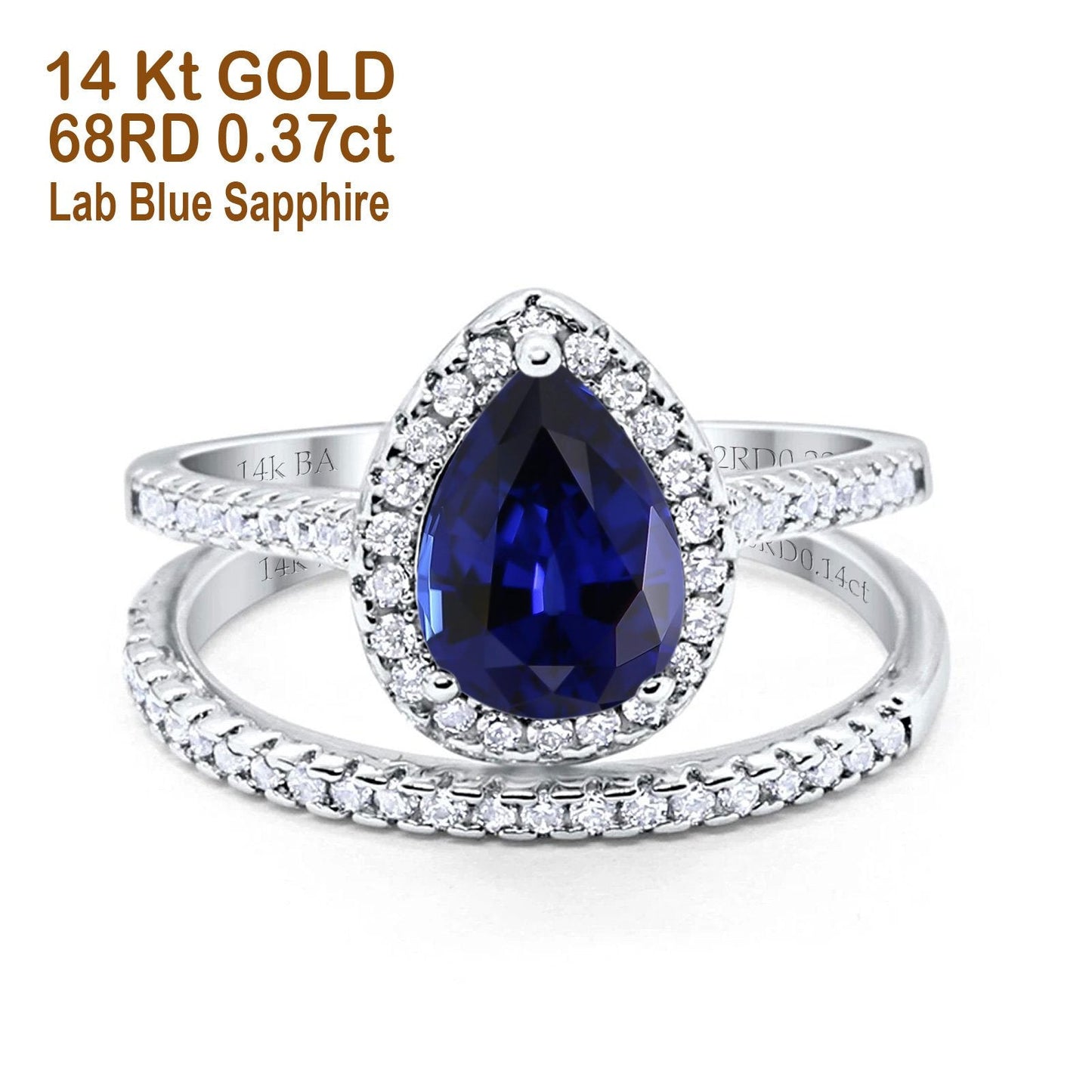 14K White Gold 1.62ct Pear 8mmx6mm G SI Nano Blue Sapphire Diamond Bridal Engagement Wedding Ring Size 6.5