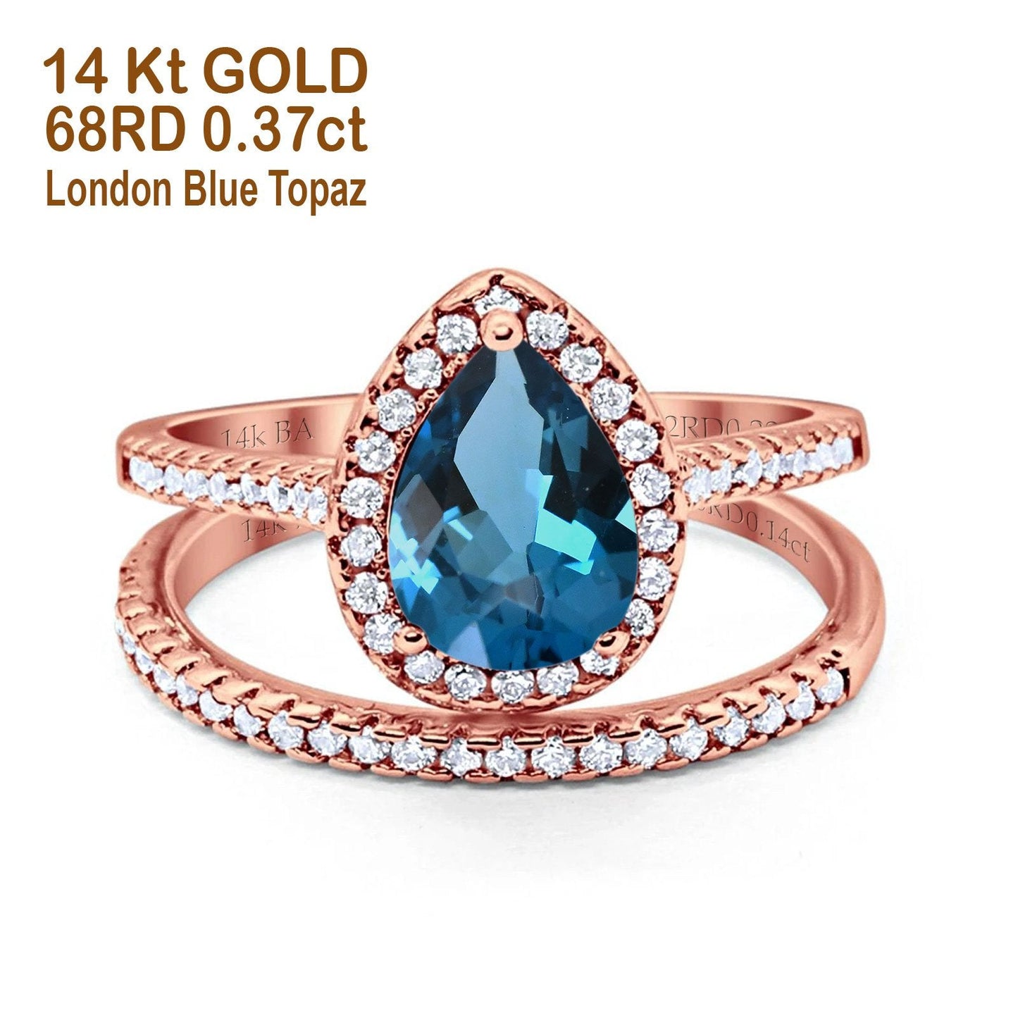 Bague de fiançailles en or rose 14 carats avec topaze bleue de Londres de 8 mm x 6 mm et diamant en forme de poire de 1,62 ct, taille 6,5