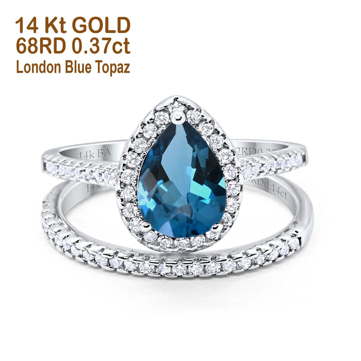 14K White Gold 1.62ct Pear 8mmx6mm G SI London Blue Topaz Diamond Bridal Engagement Wedding Ring Size 6.5