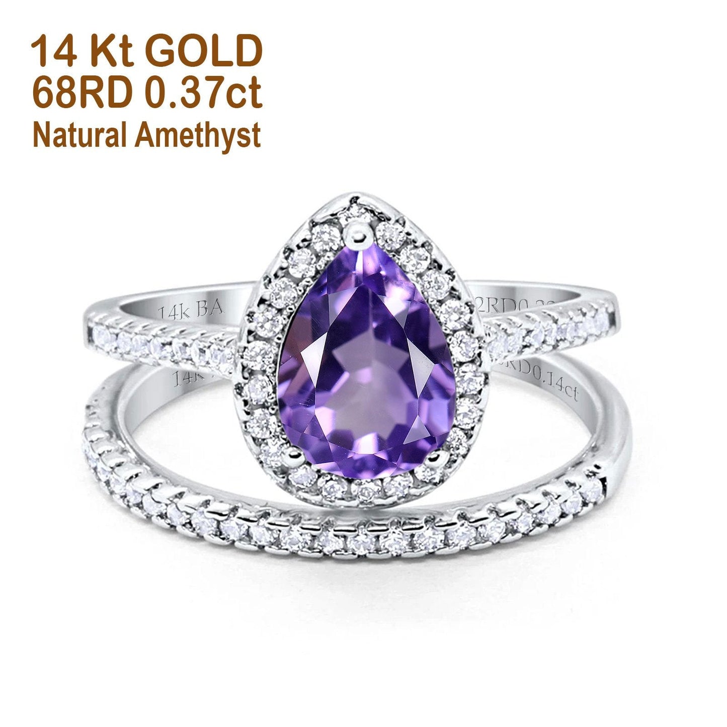 14K White Gold 1.62ct Pear 8mmx6mm G SI Natural Amethyst Diamond Bridal Engagement Wedding Ring Size 6.5