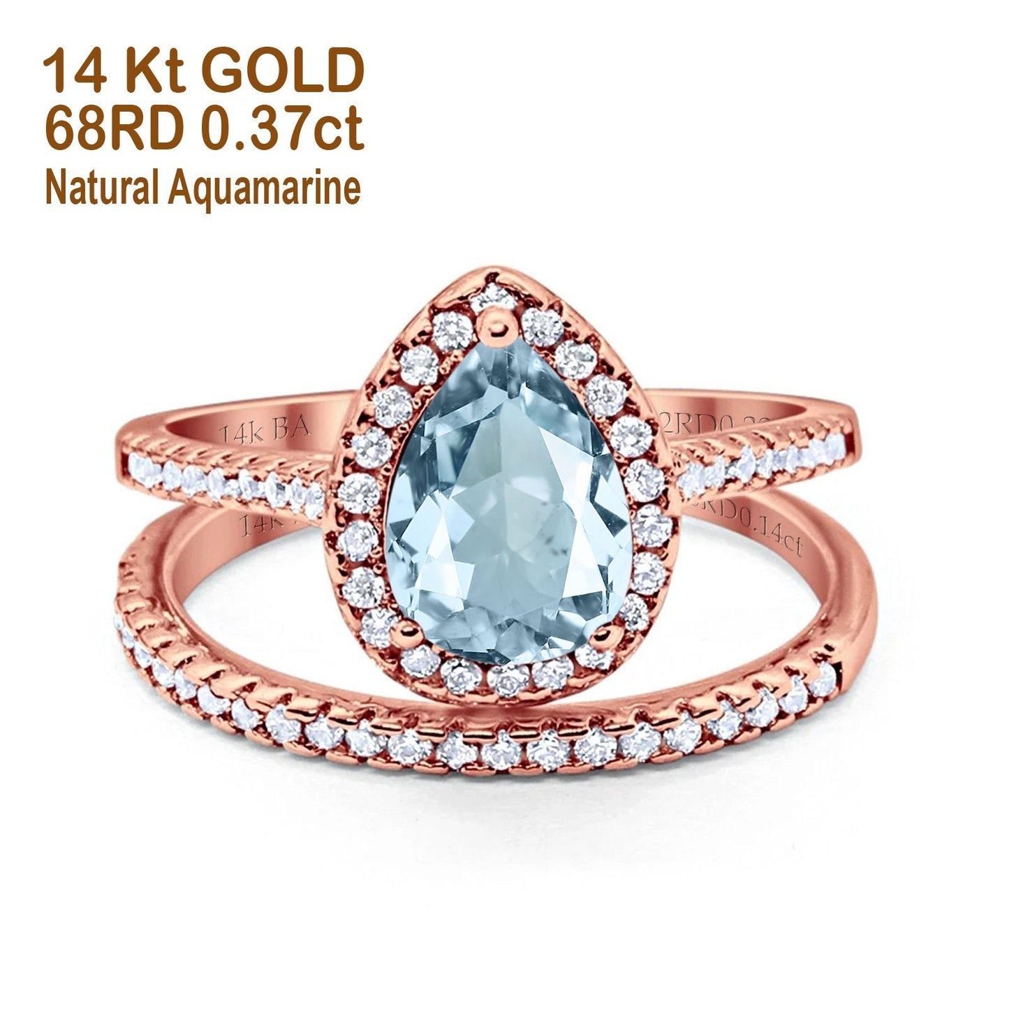 Bague de fiançailles en or rose 14 carats 1,62 ct poire 8 mm x 6 mm G SI avec diamant aigue-marine naturel taille 6,5