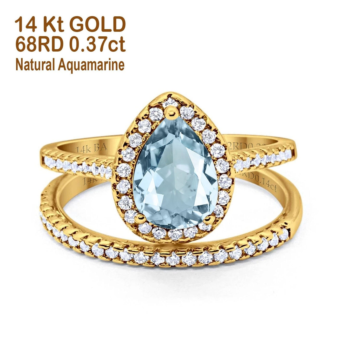 14K Yellow Gold 1.62ct Pear 8mmx6mm G SI Natural Aquamarine Diamond Bridal Engagement Wedding Ring Size 6.5