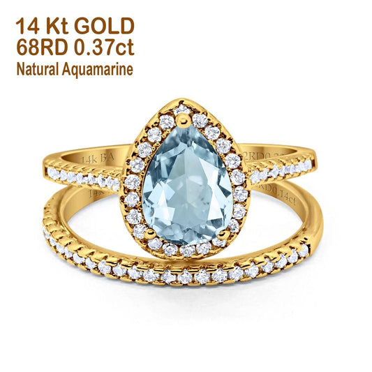 14K Yellow Gold 1.62ct Pear 8mmx6mm G SI Natural Aquamarine Diamond Bridal Engagement Wedding Ring Size 6.5