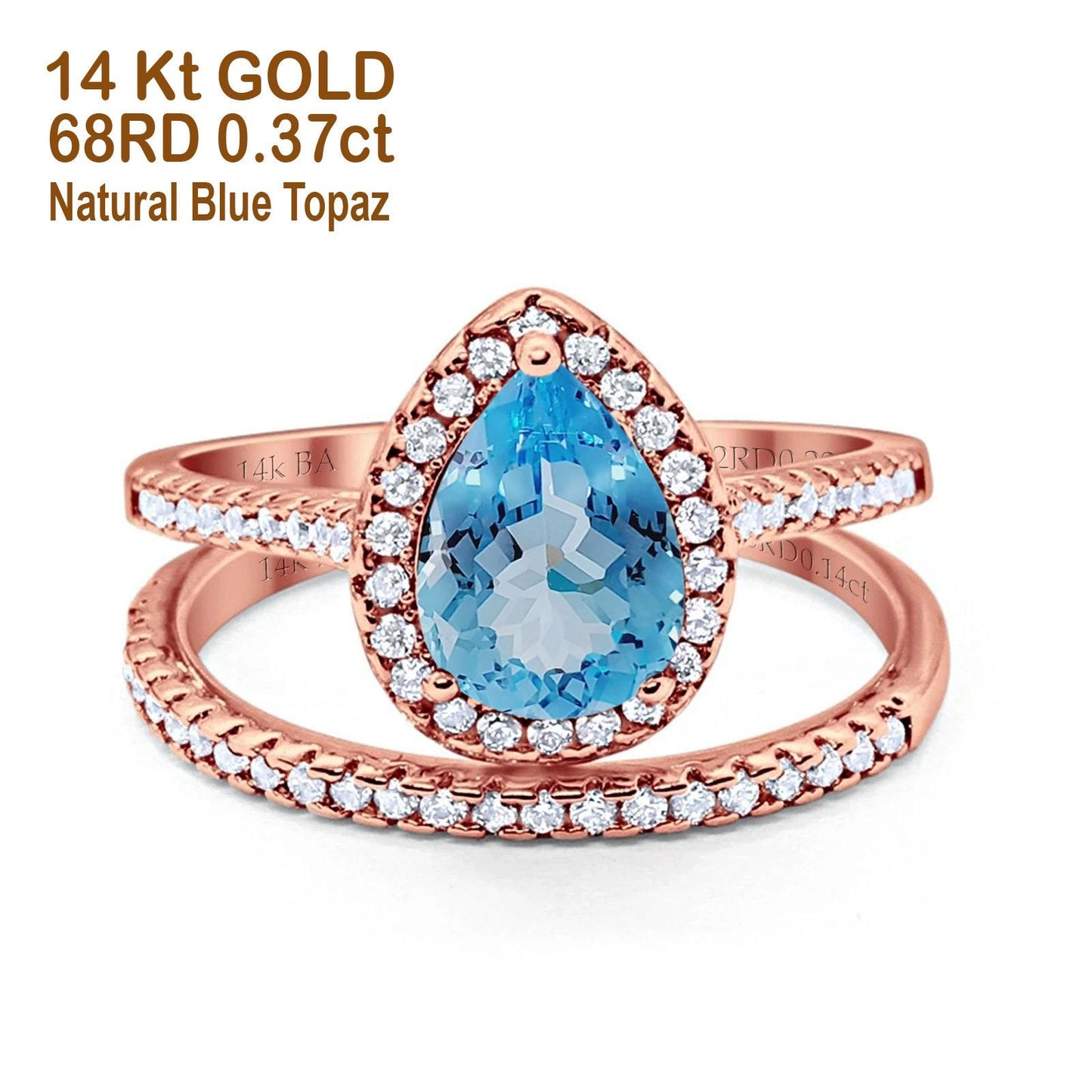 14K Rose Gold 1.62ct Pear 8mmx6mm G SI Natural Blue Topaz Diamond Bridal Engagement Wedding Ring Size 6.5