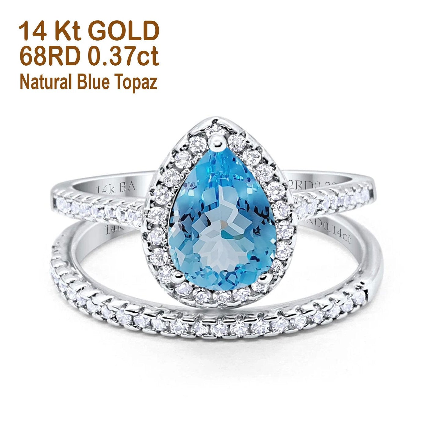 14K White Gold 1.62ct Pear 8mmx6mm G SI Natural Blue Topaz Diamond Bridal Engagement Wedding Ring Size 6.5