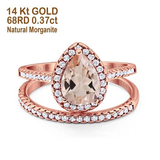 14K Rose Gold 1.62ct Pear 8mmx6mm G SI Natural Morganite Diamond Bridal Engagement Wedding Ring Size 6.5