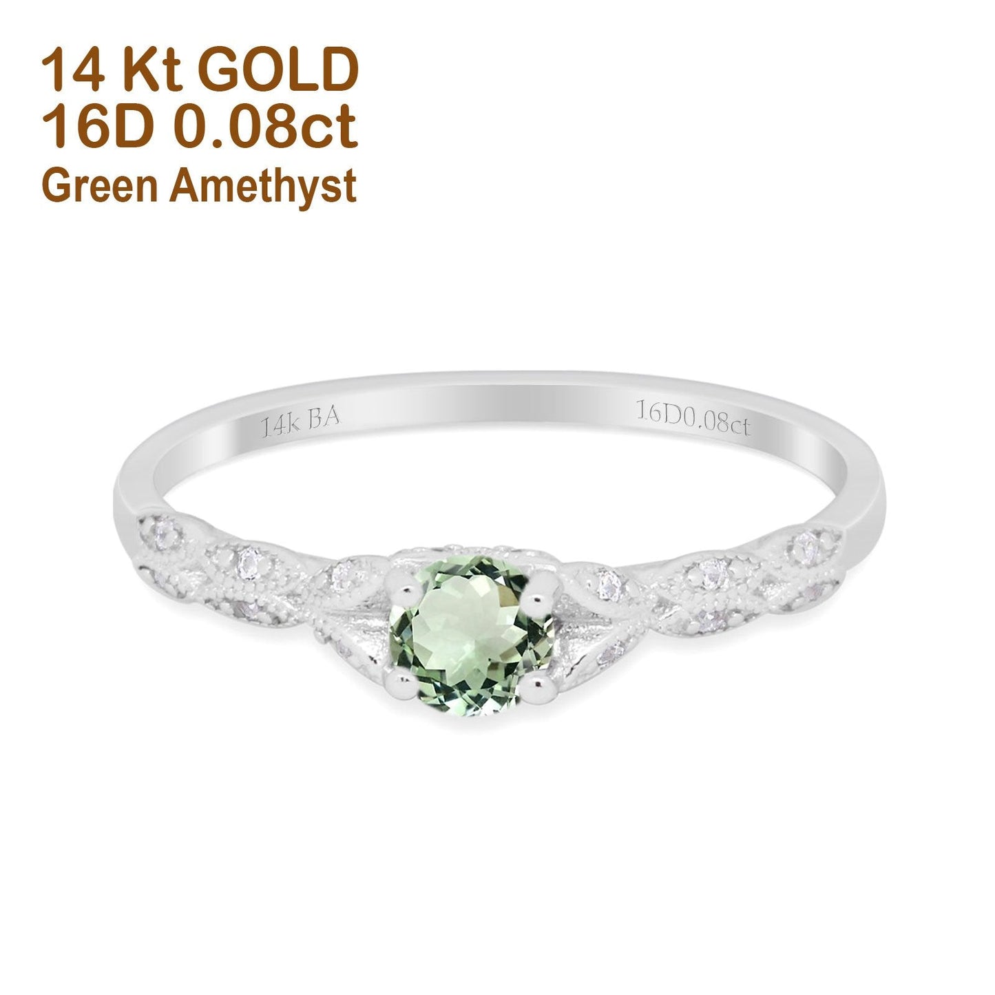 14K White Gold 0.33ct Round Petite Dainty Art Deco 4mm G SI Natural Green Amethyst Diamond Engagement Wedding Ring Size 6.5