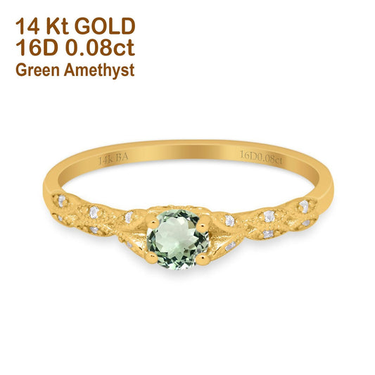 14K Yellow Gold 0.33ct Round Petite Dainty Art Deco 4mm G SI Natural Green Amethyst Diamond Engagement Wedding Ring Size 6.5