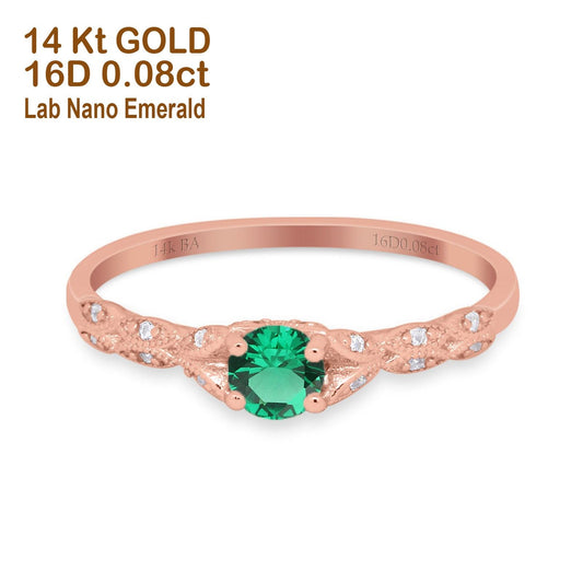 14K Rose Gold 0.33ct Round Petite Dainty Art Deco 4mm G SI Nano Emerald Diamond Engagement Wedding Ring Size 6.5